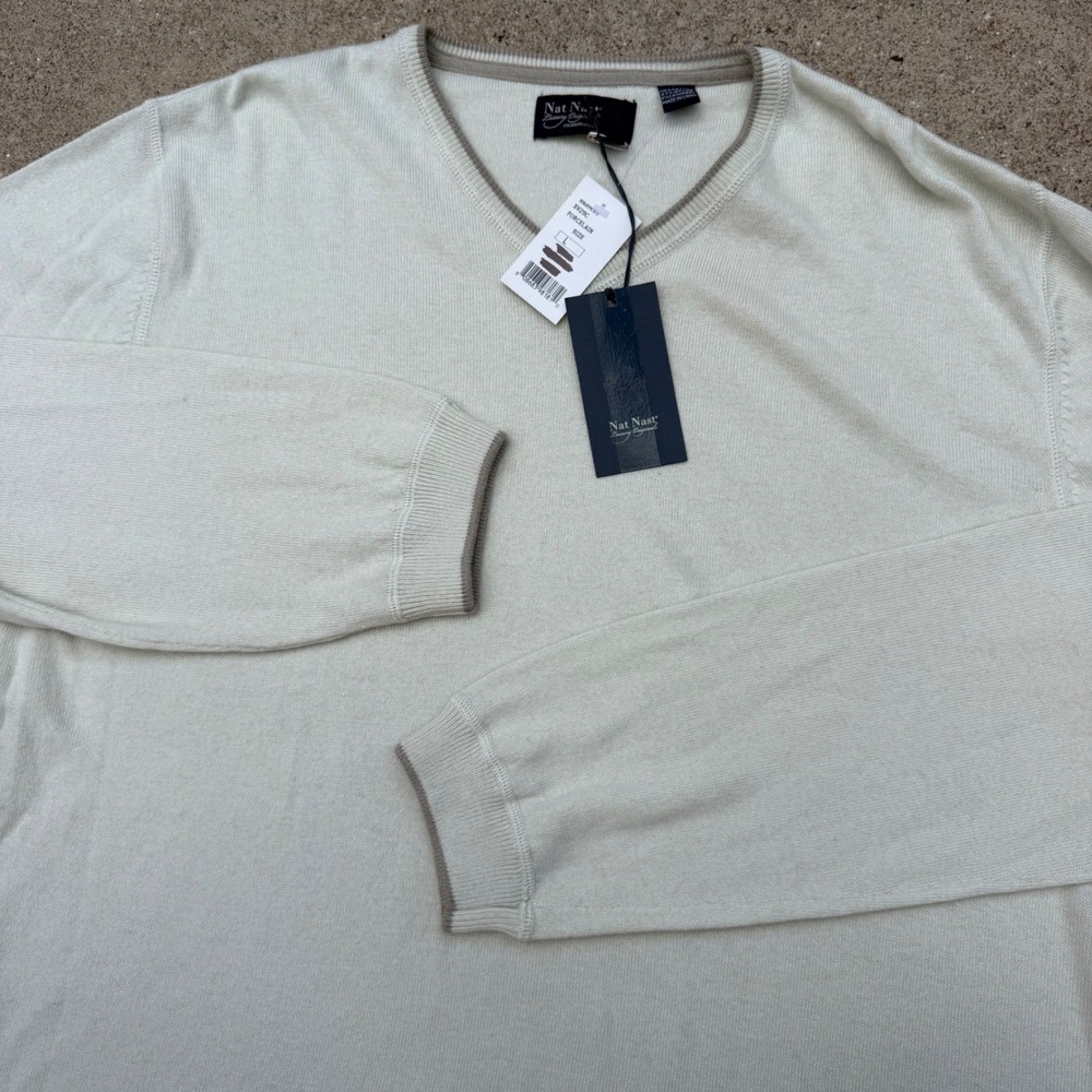 Nat Nast V-Neck Sweater Mens L Porcelain White Cotton Cashmere Blend NWT Luxury